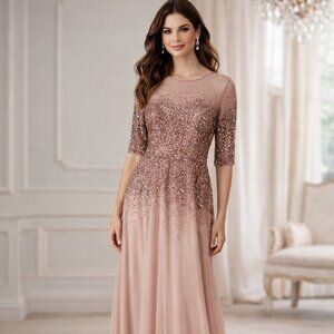 Adrianna Papell Pink Rose Gold Sequined Beaded 3/4 Sleeve MOTB Gown Dress Sze 12